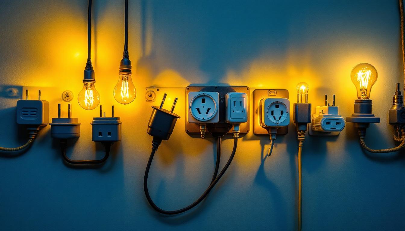A photograph of a well-designed lighting installation featuring various types of plugs and switches in an aesthetically pleasing setting