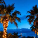 A photograph of a beautifully lit solar palm tree at dusk