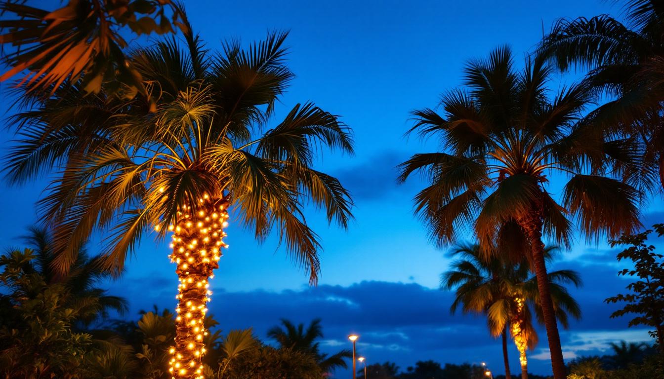 A photograph of a beautifully lit solar palm tree at dusk