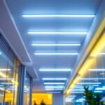 A photograph of a brightly lit commercial space featuring a modern fluorescent troffer lighting installation