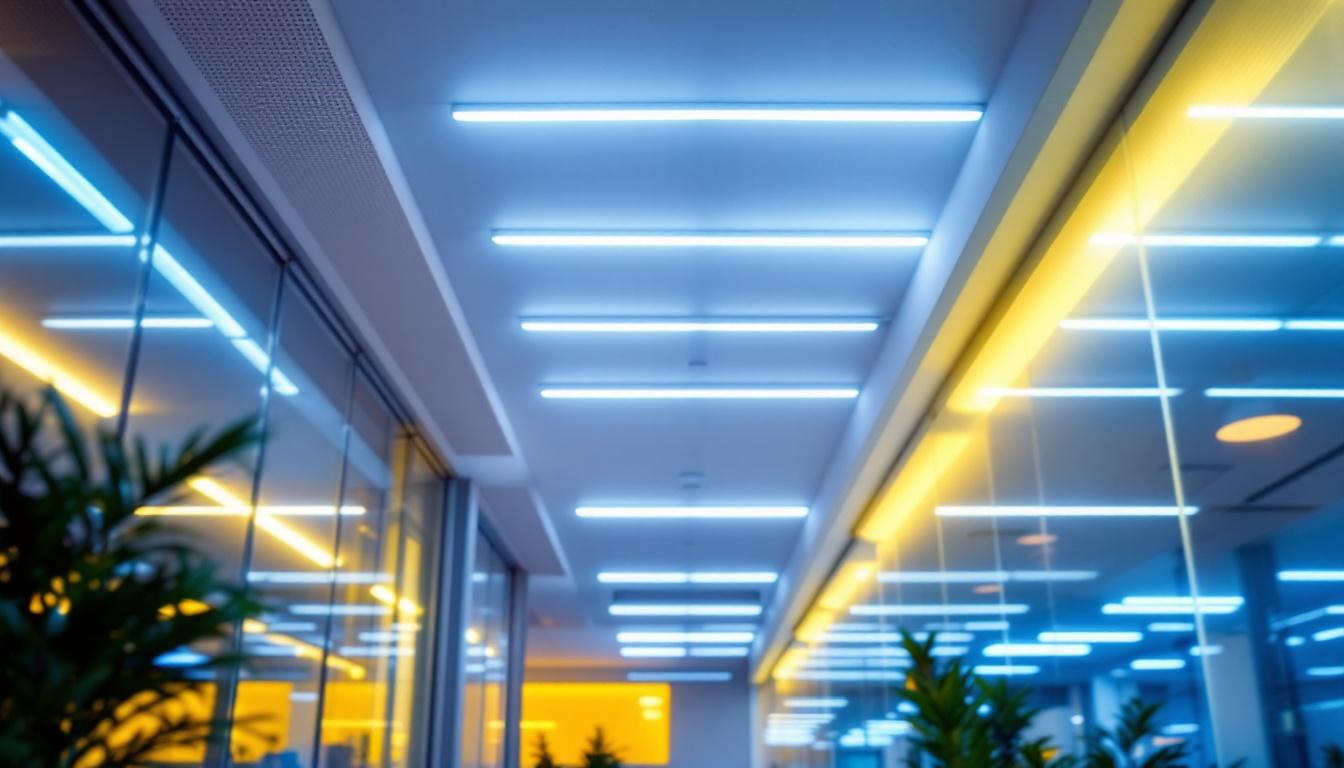 A photograph of a brightly lit commercial space featuring a modern fluorescent troffer lighting installation