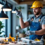 A photograph of a skilled lighting contractor carefully replacing parts of a pendant light fixture in a stylish