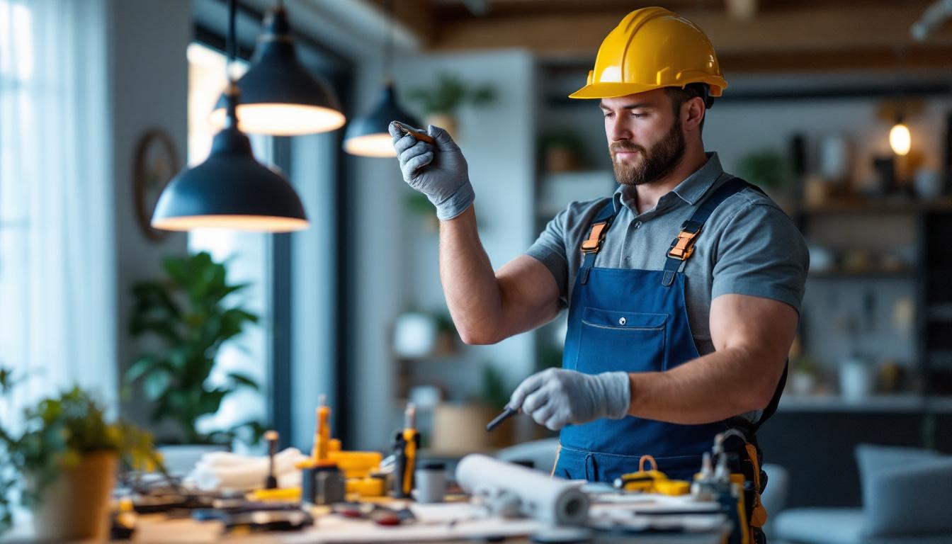 A photograph of a skilled lighting contractor carefully replacing parts of a pendant light fixture in a stylish