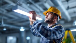 A photograph of a lighting contractor expertly installing or adjusting a sleek 6-foot led fixture in a modern commercial space