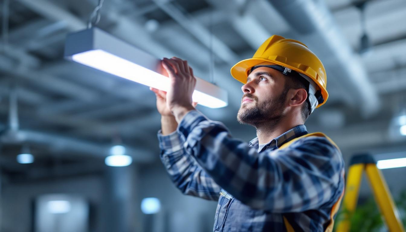 A photograph of a lighting contractor expertly installing or adjusting a sleek 6-foot led fixture in a modern commercial space
