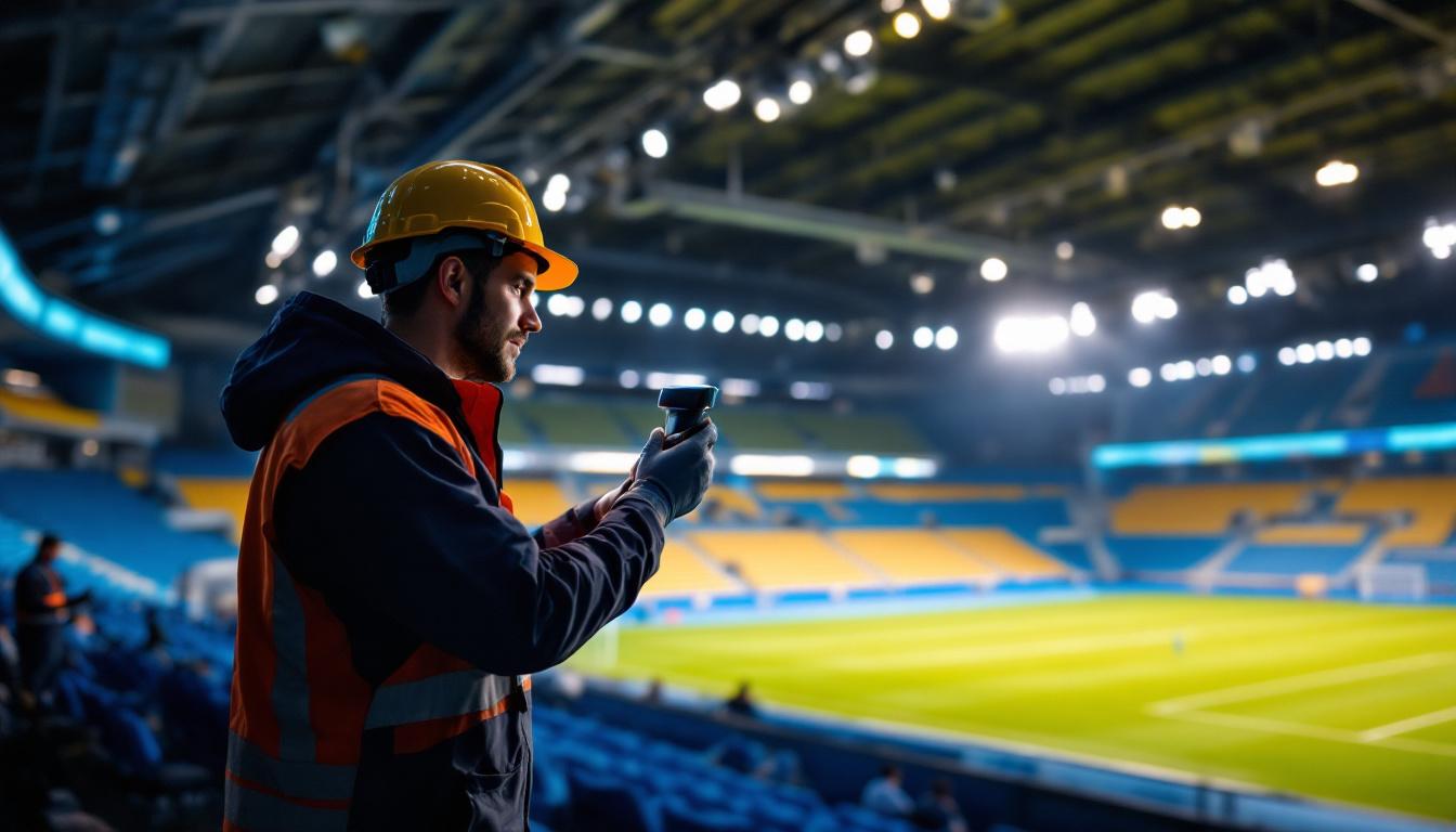 A photograph of a lighting contractor installing a sleek