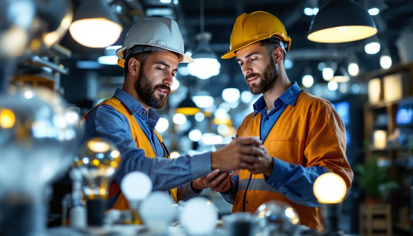 A photograph of a lighting contractor examining a variety of led lamps in a well-lit showroom
