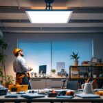 A photograph of a well-lit workspace featuring a 1x4 led flat panel light installed in a ceiling