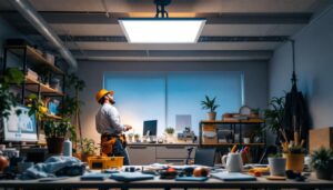 A photograph of a well-lit workspace featuring a 1x4 led flat panel light installed in a ceiling