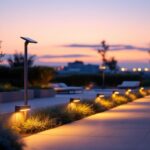 A photograph of a modern outdoor setting illuminated by sleek led floodlight solar fixtures