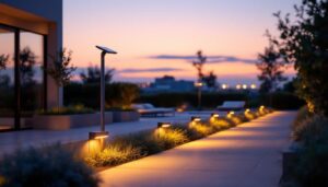 A photograph of a modern outdoor setting illuminated by sleek led floodlight solar fixtures