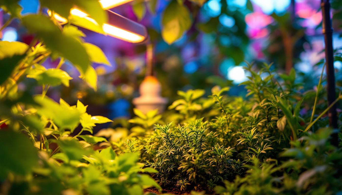 A photograph of a t5 led grow bulb in a vibrant indoor garden setting