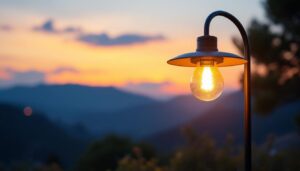 A photograph of a beautifully illuminated dusk to dawn light fixture in an outdoor setting