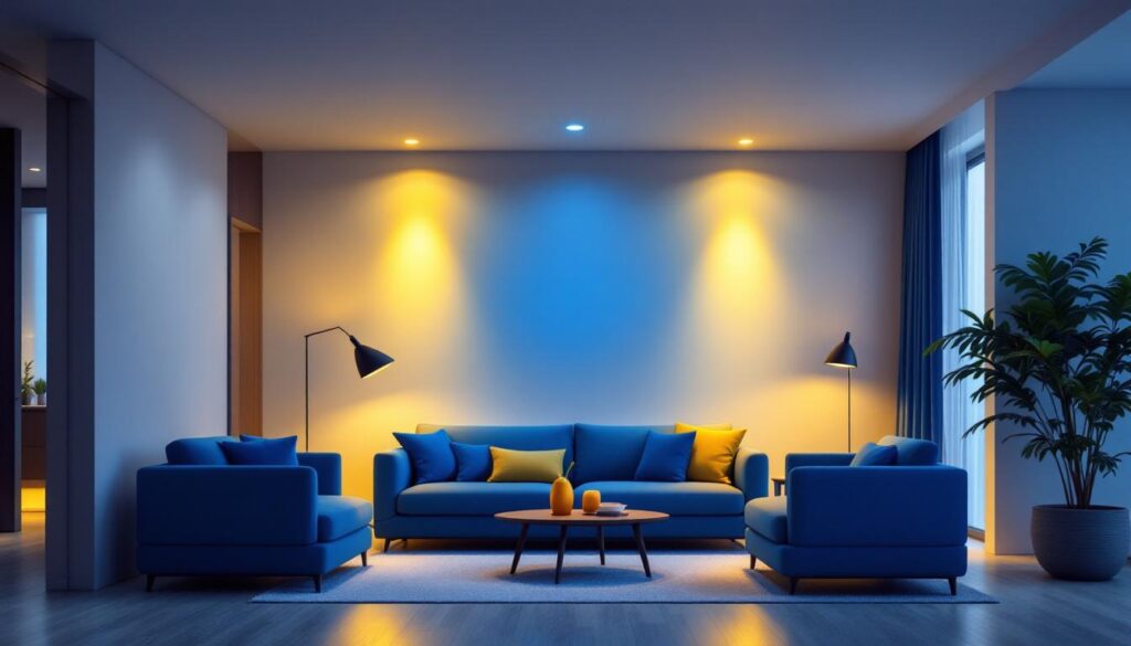 A photograph of a modern living space featuring recessed lighting fixtures with led lights