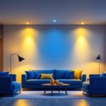 A photograph of a modern living space featuring recessed lighting fixtures with led lights