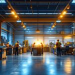 A photograph of a well-lit industrial workspace showcasing led shop lights illuminating the area