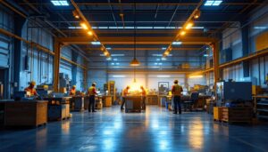 A photograph of a well-lit industrial workspace showcasing led shop lights illuminating the area