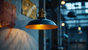 A photograph of a stylish warehouse pendant light hanging in an industrial setting