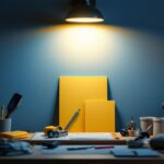 A photograph of a well-lit workspace featuring a wall-mounted work light in action
