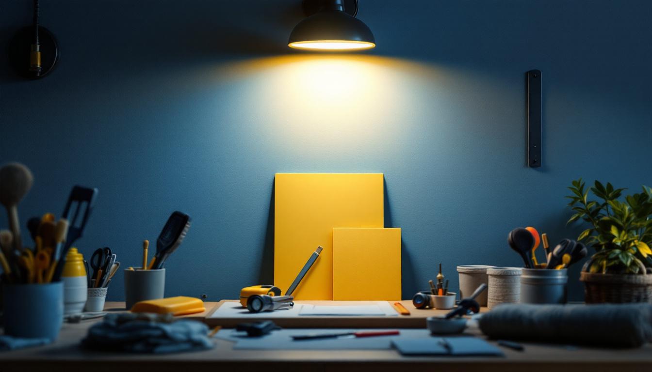 A photograph of a well-lit workspace featuring a wall-mounted work light in action