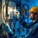 A photograph of a lighting contractor working on a wall receptacle installation