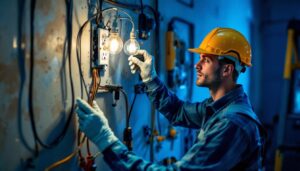 A photograph of a lighting contractor working on a wall receptacle installation
