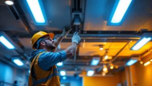 A photograph of a well-lit drop ceiling installation featuring sleek led lighting