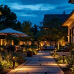 A photograph of a beautifully illuminated outdoor space at dusk