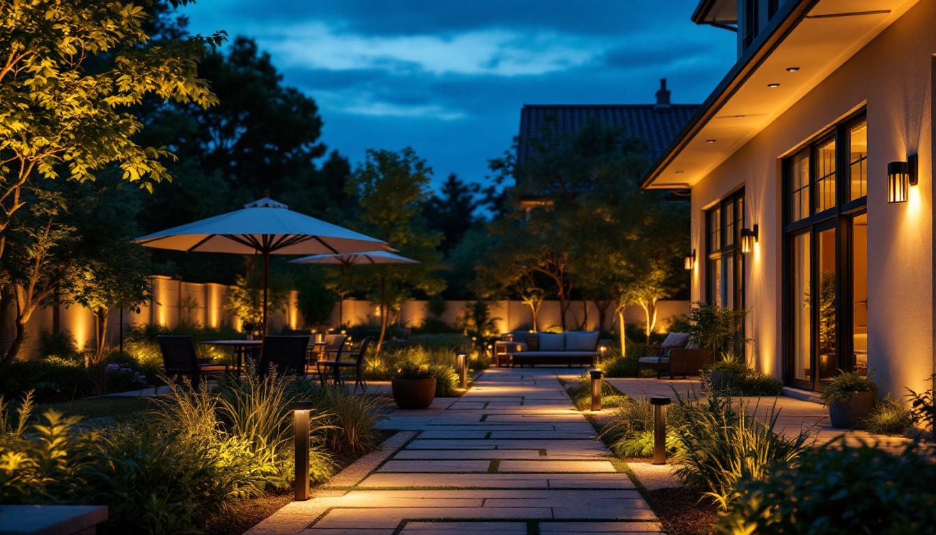 A photograph of a beautifully illuminated outdoor space at dusk