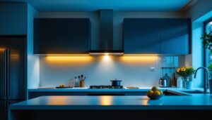 A photograph of a modern kitchen featuring sleek led pot lights in various settings