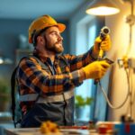 A photograph of a lighting contractor in action