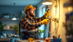 A photograph of a lighting contractor in action