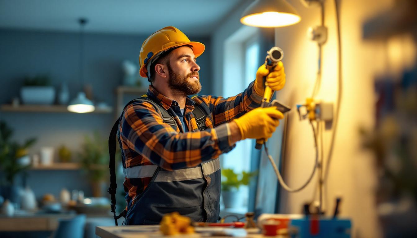 A photograph of a lighting contractor in action