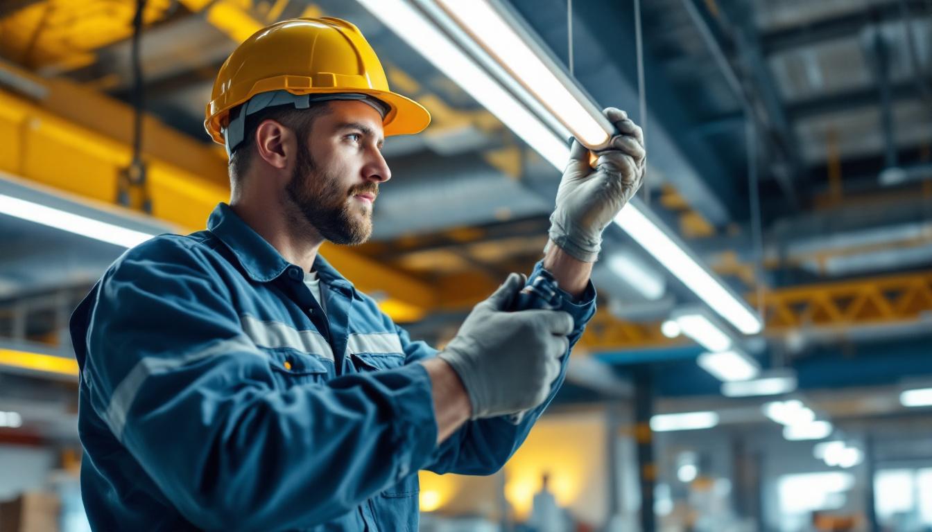 A photograph of a lighting contractor installing t8 led replacement tubes in a commercial setting