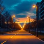 A photograph of a modern street lined with led street lights illuminating the pathway at dusk