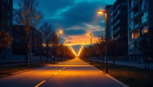 A photograph of a modern street lined with led street lights illuminating the pathway at dusk
