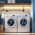 A photograph of a modern laundry room featuring a neatly installed washer and dryer with clearly labeled electrical outlets