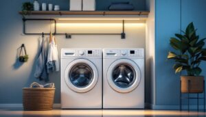 A photograph of a modern laundry room featuring a neatly installed washer and dryer with clearly labeled electrical outlets
