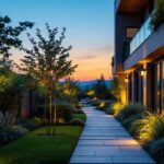 A photograph of a beautifully illuminated outdoor space at dusk