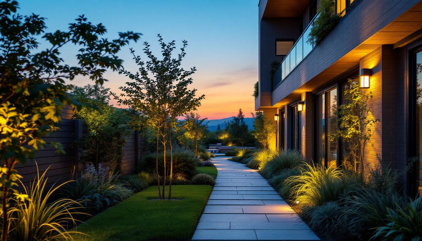 A photograph of a beautifully illuminated outdoor space at dusk