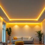 A photograph of a well-designed room featuring built-in ceiling lights