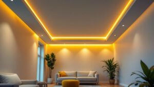 A photograph of a well-designed room featuring built-in ceiling lights