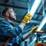 A photograph of a lighting contractor in action