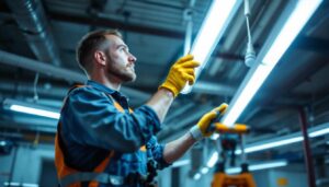 A photograph of a lighting contractor in action