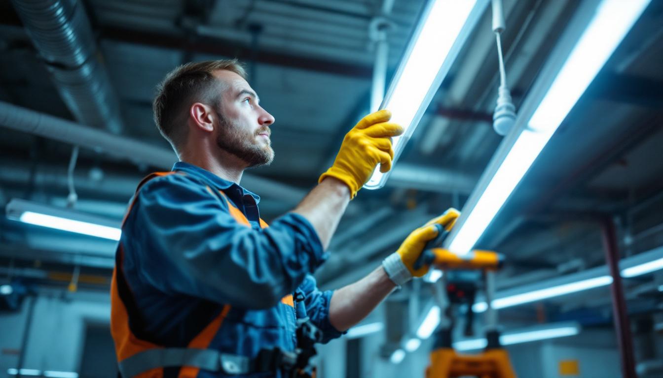 A photograph of a lighting contractor in action
