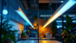 A photograph of a side-by-side comparison of t5 and t8 fluorescent light tubes