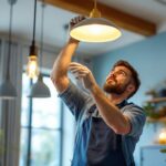A photograph of a skilled lighting contractor expertly installing a stylish