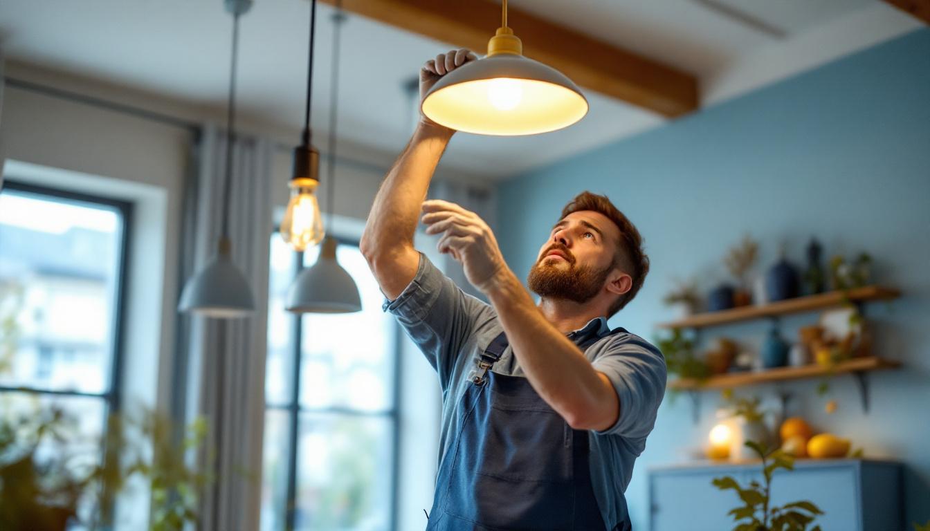 A photograph of a skilled lighting contractor expertly installing a stylish
