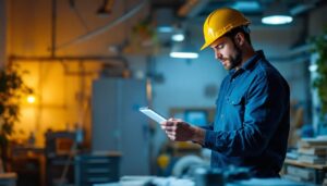 A photograph of a lighting contractor efficiently using the high hats light in a well-lit workspace