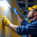 A photograph of a technician installing a modern led retrofit luminaire in a commercial space
